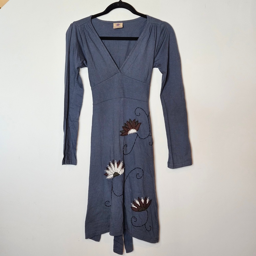 Synergy Organic Clothing Blue Long Sleeve V-Neck Dress with Floral Embroidery